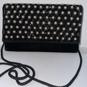 Vintage Black Beaded & Pearl Evening Clutch – Elegant Crossbody Formal Purse